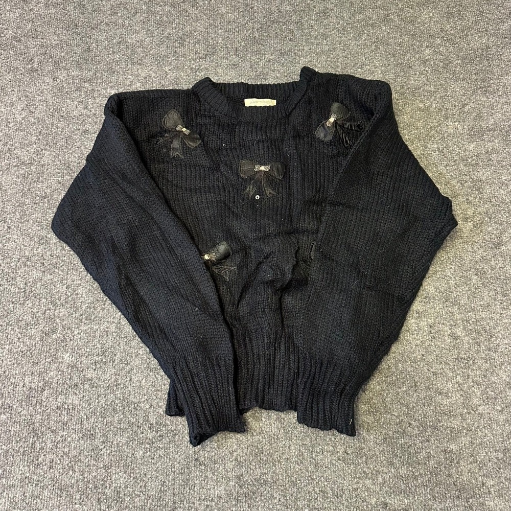 Jamie Scott Sweater Womens Size S Black Bow Sequin Embellished Chunky Knit Korea